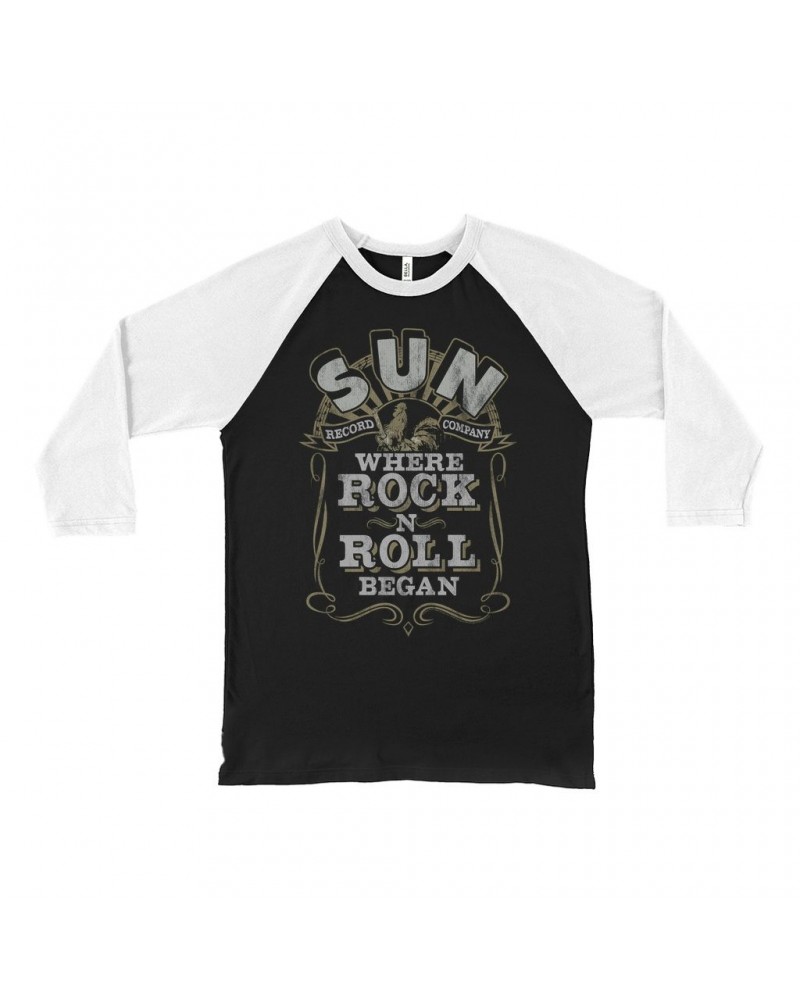 Sun Records 3/4 Sleeve Baseball Tee | Where Rock n Roll Began Filigree Design Distressed Shirt $12.28 Shirts