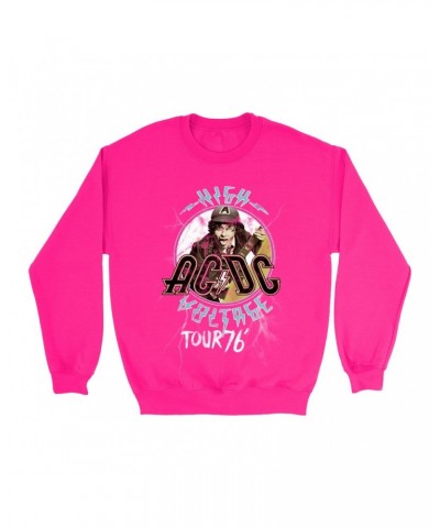 AC/DC Bright Colored Sweatshirt | High Voltage '76 Tour Angus Young Image Distressed Sweatshirt $17.13 Sweatshirts