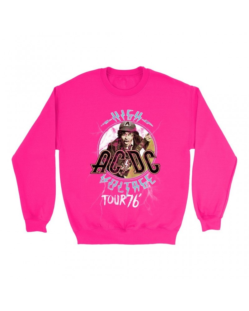 AC/DC Bright Colored Sweatshirt | High Voltage '76 Tour Angus Young Image Distressed Sweatshirt $17.13 Sweatshirts