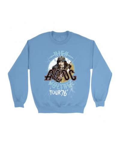 AC/DC Bright Colored Sweatshirt | High Voltage '76 Tour Angus Young Image Distressed Sweatshirt $17.13 Sweatshirts