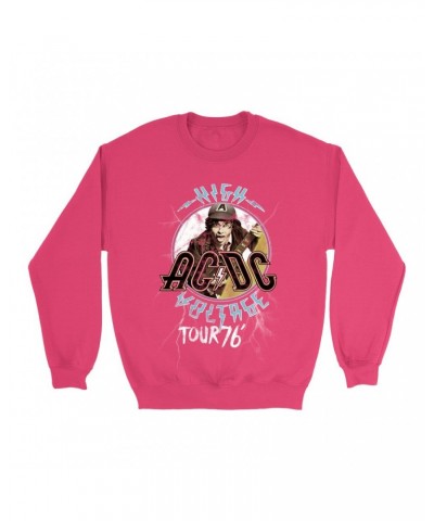 AC/DC Bright Colored Sweatshirt | High Voltage '76 Tour Angus Young Image Distressed Sweatshirt $17.13 Sweatshirts